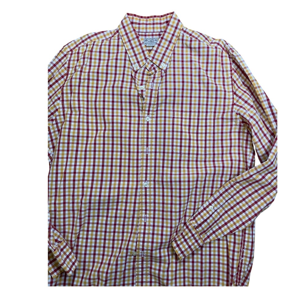 J Crew Mens Button Down Shirt Red Gold Plaid Long Sleeve Casual Size Medium‎
